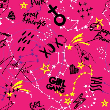 Vektör moda skeci. Glamour, geometrik elementler, kalpler, yıldızlar, noktalar içeren kusursuz soyut desen. Kız için yazdır