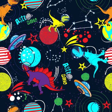 Uzaydaki dinozorlar renk vektörsüz desen çizdiler. Jurasik sürüngenleri çiz. Tekstil, giysi, tişört, ambalaj kağıdı ve daha fazlası için baskı