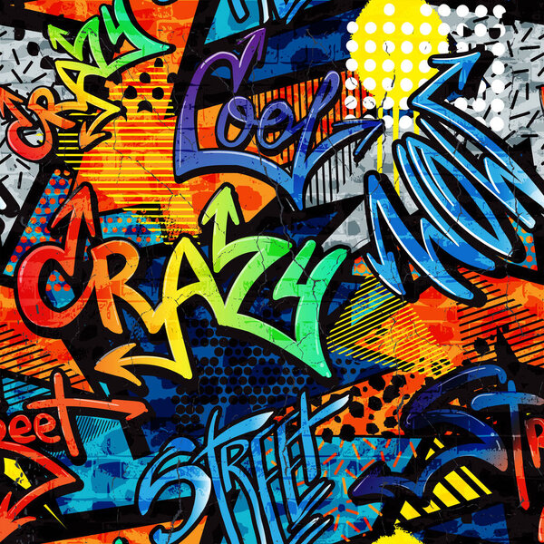 Abstract bright graffiti pattern. With bricks, paint drips, words in graffiti style. Graphic urban design for textiles, sportswear, prints.