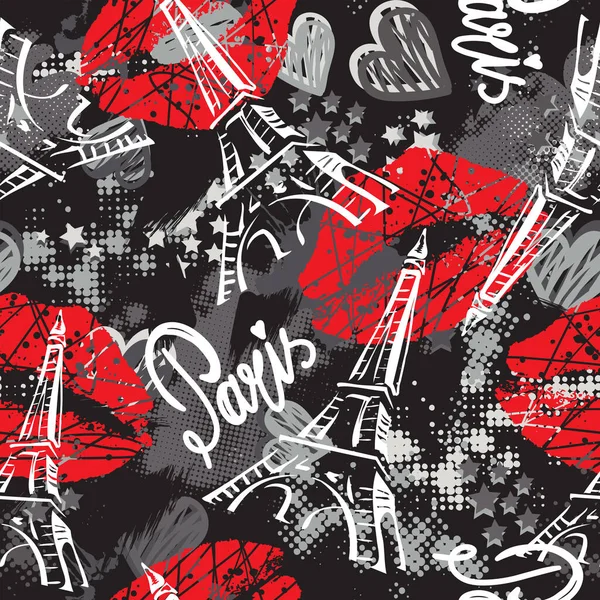 时尚无缝图案 巴黎荣华富贵图案与原始字体 素描埃菲尔铁塔和心脏 时尚服装 包装纸 有创意的女孩设计 — 图库矢量图片