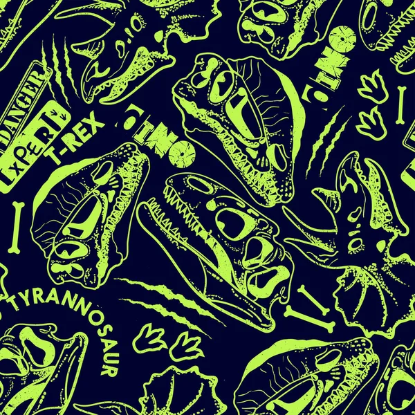 无缝制迪诺图案 T恤衫 纺织品 包装纸 网络印刷 原来的设计与T Rex 恐龙骨骼 Grunge设计 — 图库矢量图片