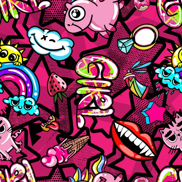 Handgezeichnete Mode Mädchen Muster Farbenfrohe Moderne Teenager Mit Graffiti Elementen — Stockvektor
