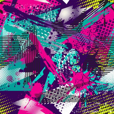 Parlak neon renklerde soyut, pürüzsüz grunge deseni. Kız, spor ve moda tekstili, kıyafetler, ambalaj kağıdı için tekrarlanan arkaplan.