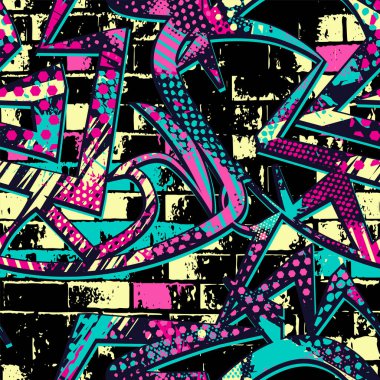 Güzel, soyut, parlak grafiti deseni. Tuğlalar, boya damlaları, grafiti tarzında kelimeler. Tekstil, spor kıyafetleri, baskılar için grafik şehir tasarımı.