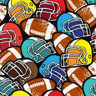 Amerikan futbolu modeli. Topları ve kaskı olan soyut bir arka plan. Tekstil, spor giysileri, ambalaj kağıtları için parlak baskı
