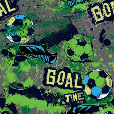 Erkekler, tekstil ve kıyafetler için soyut, dikişsiz futbol deseni. Grunge şehir arka planında eski püskü top silueti, mesaj var. Spor renkli duvar kağıdı