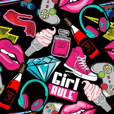 Dudakları, joystickleri, kulaklıkları ve müziği olan, modaya uygun, hatunsu, pürüzsüz bir desen. Kusursuz bir arka plan. Tekrarlanan parlak desen.