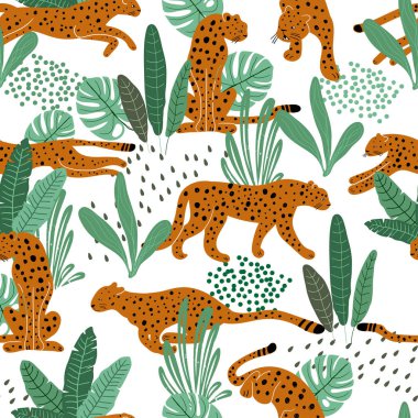 Çita pürüzsüz desen. El çizimi çitalı, tropik egzotik yaz deseni. Tişört, tekstil, ambalaj kağıdı, ağ baskısı.