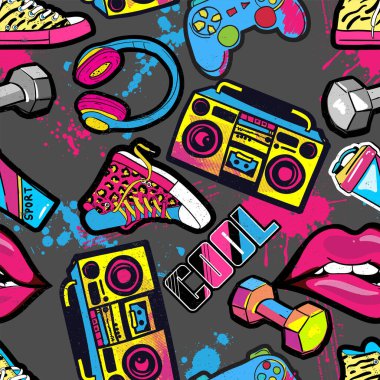 Kasetçalar, kulaklıklar, dambıllar, spor şişeleri, spor ayakkabıları ve dudakları olan modaya uygun gençlik modelleri. Tekstil, spor giysileri, ambalaj kağıdı, tişört ve internet için tekrarlanan parlak desen.