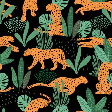 Çita pürüzsüz desen. El çizimi çitalı, tropik egzotik yaz deseni. Tişört, tekstil, ambalaj kağıdı, ağ baskısı.