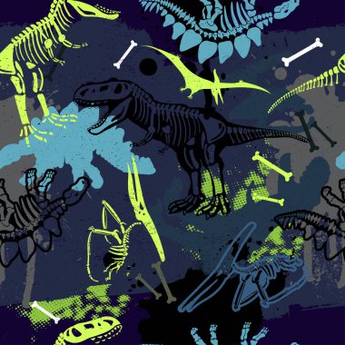 Kusursuz siluet Dino deseni, tişört, tekstil, ambalaj kağıdı, ağ baskısı. T-rex 'li orijinal tasarım, dinozor. Erkekler ve kızlar için grunge tasarımı
