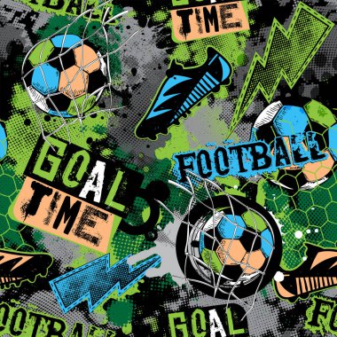 Erkekler için soyut, pürüzsüz desen. Futbol deseni. Futbol topuyla Grunge kentsel desen. Beyaz arka planda siyah ve yeşil renkli spor duvar kâğıdı. Tekrarlanan spor deseni.
