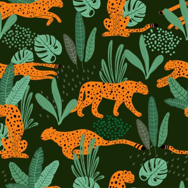 Çita pürüzsüz desen. El çizimi çitalı, tropik egzotik yaz deseni. Tişört, tekstil, ambalaj kağıdı, ağ baskısı.