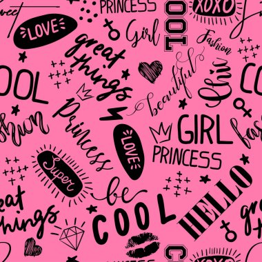 Kaligrafi sloganı, kalbi, sözleri olan kusursuz bir kız. Tekstil geçmişi, grafik tişörtler, çocukların giydiği şeyler. Genç kızlar için duvar kağıdı. Moda tarzı