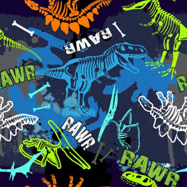 Kusursuz dinazor deseni, tişört, tekstil, ambalaj kağıdı, ağ baskısı. T-rex 'li orijinal tasarım, dinozor. Erkekler için grunge tasarımı .