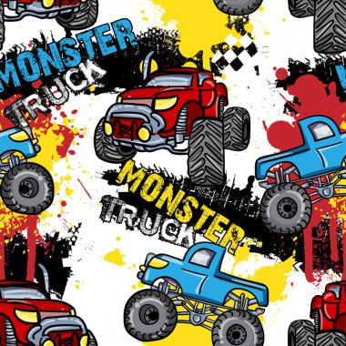 Grunge şekilli, soyut, dikişsiz Canavar Arabası desenli eski püskü noktalar ve sprey boya desenli, mürekkepli çatlak bir arka plan. Çocuksu stil tekerlek otomatik yinelenen arkaplan.