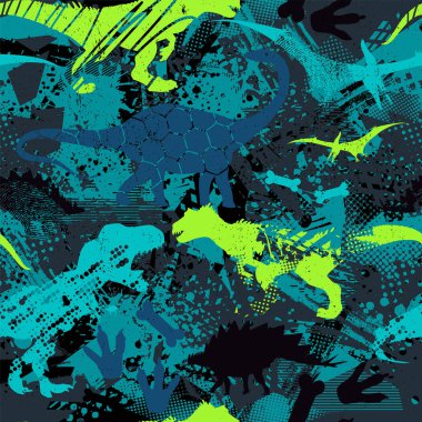 Kusursuz dinazor deseni, tişört, tekstil, ambalaj kağıdı, ağ baskısı. T-rex 'li orijinal tasarım, dinozor. Erkekler için grunge tasarımı .