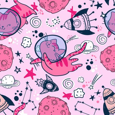 Uzayda kedisi olan sevimli çocuklar. Uzay arkaplanı. Tişört, tekstil, ambalaj kağıdı, ağ baskısı.