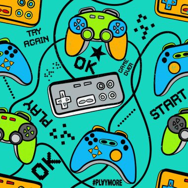 joystickli kusursuz parlak desen. Erkekler ve kızlar için güzel bir oyun baskısı. Tekstil, spor giyim ve internet için uygun.