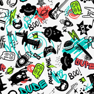 Soyut, dikişsiz çizgi roman deseni. Çizgi film köpeği, canavarlar, uzay, yıldızlar. Tekstil, moda giysileri, ambalaj kağıtları için tekrarlanan desen.