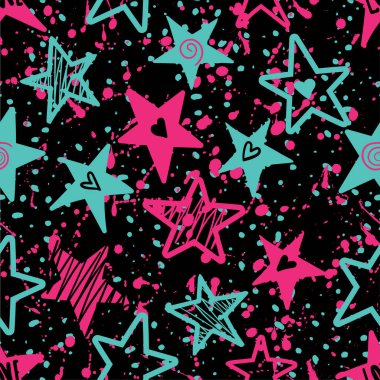 Yıldızlı soyut, dikişsiz grunge deseni. Parlak el çizimi arka plan. Tekstil ve kıyafetler için tekrarlanan kızlar. Orijinal yıldızlar duvar kağıdı