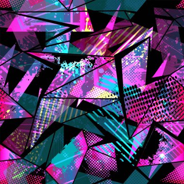 Soyut dikişsiz geometrik kaotik şablon aşınmış, damlalar, spreyler. Vinil ambalaj ve çıkartma için arka plan. Grunge kentsel arka planı tekstil, spor giysileri, baskılar için.