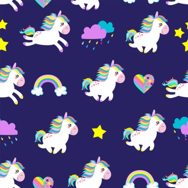 Tek boynuzlu at desenli şirin kızlar. Yumuşak pembe renkler. Kızlar için desen. Tekstil, baskı, kağıt ürünleri ve internet için yaratıcı bir arkaplan.