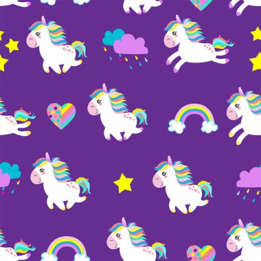 Tek boynuzlu at desenli şirin kızlar. Yumuşak pembe renkler. Kızlar için şablon. Tekstil, baskı, kağıt ürünleri, İnternet için yaratıcılık arka planı.