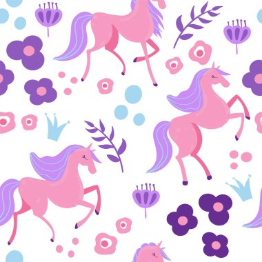 Atlar ve çiçeklerle kusursuz desen. Düz stil çiçek çizimi. Şirin kızların geçmişi. Tekstil, kağıt, kumaş için arkaplan