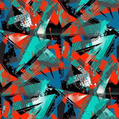 Spor tekstili, moda kıyafetleri, ambalaj kağıtları için soyut, pürüzsüz arka plan. Grunge geometrisi arka planı tekrarlıyor. Grafiti tarzı. Kırmızı ve mavi arkaplan