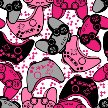 Pembe joystickli kusursuz parlak desen. Kızlar için oyun baskısı. Tekstil, spor giyim ve internet için uygun.