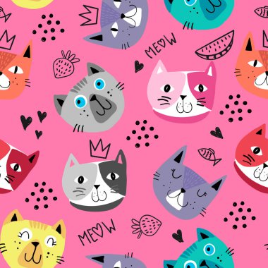 Kedilerle hoş, pürüzsüz bir desen. El çizimi çocuklar tekstil, moda, ambalaj kağıdı, grafik tişörtler.