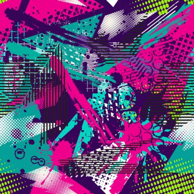 Soyut, pürüzsüz, grunge kentsel model. Kavisli çizgi, ok, üçgen şeklinde çatlak duvarlar. İğrenç bir duvar kâğıdı. Çocuk, spor tekstili ve kıyafetler için Geometrik yinelenen arkaplan.