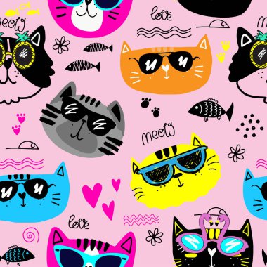 Kedilerle hoş, pürüzsüz bir desen. El çizimi çocuklar tekstil, moda, ambalaj kağıdı, grafik tişörtler.