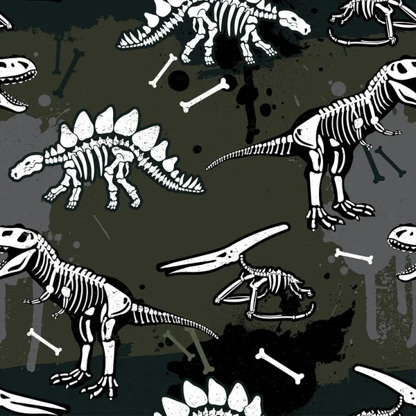 恐龙骨骼无缝的磨擦花纹 原来的设计与T Rex 印花T恤衫 纺织品 包装纸 — 图库矢量图片
