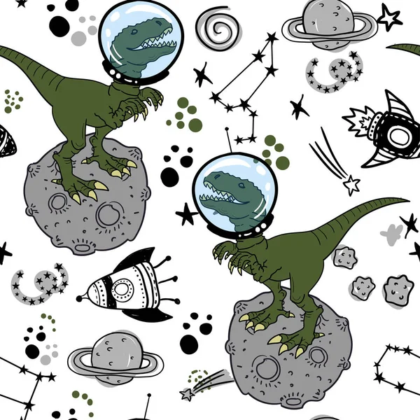 Dinosaurios Espacio Dibujado Mano Vector Color Patrón Sin Costura Sketch — Archivo Imágenes Vectoriales