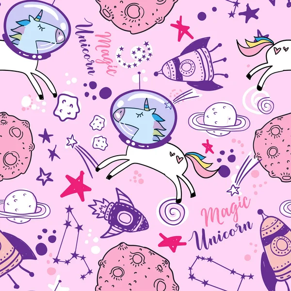 Hand Drawn Seamless Vector Pattern Cute Unicorns Stars Planet Kids — Stock Vector