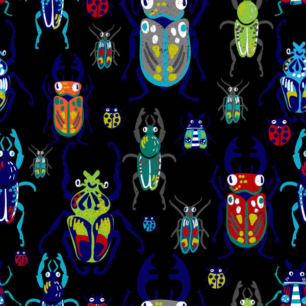 Hand drawn cool seamless pattern with bright bugs. Boys background for textile, kids wear, prints and more