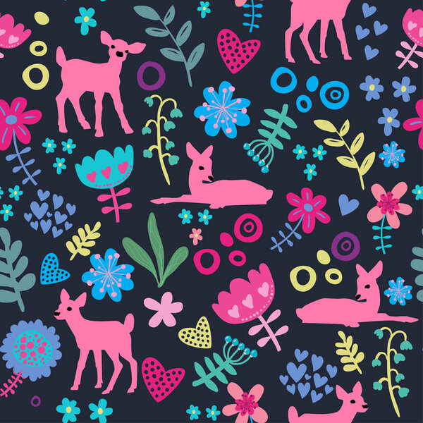 Cute seamless pattern with roe and flowers. Girlish background for children. Pattern for textile, clothing, wrapping paper. 