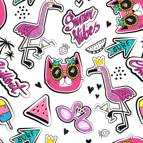 Cool Summer Seamless Pattern Flamingos Cat Armelon Наклейки Девочек Текстиля — стоковый вектор