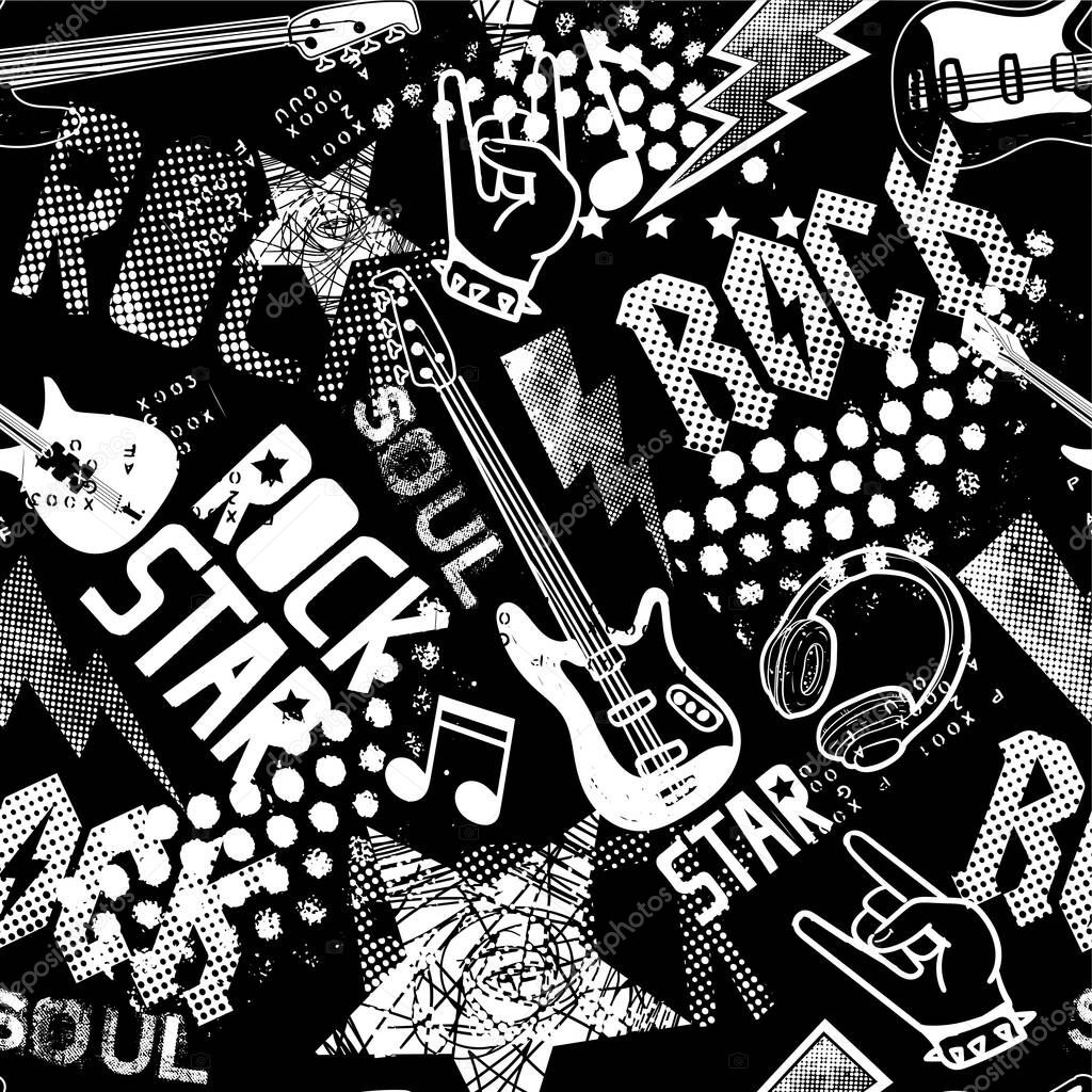 Rock star. grunge rock music pattern with guitar. Cool background for textiles, wrapping paper, prints and more.