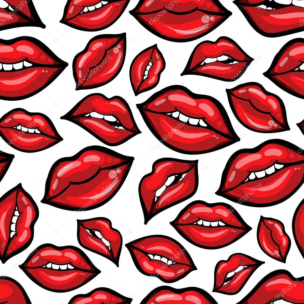 Abstract seamless fashion pattern with hand drawn red lips . drawing Red girlish repeated backdrop for fancy textile, clothes, wrapping paper.