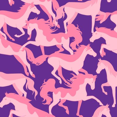 Pembe atlar ve kızlar. Yumuşak pembe renkler. Kızlar için model. Tekstil, baskı, kağıt ürünleri ve internet için yaratıcı bir geçmiş..