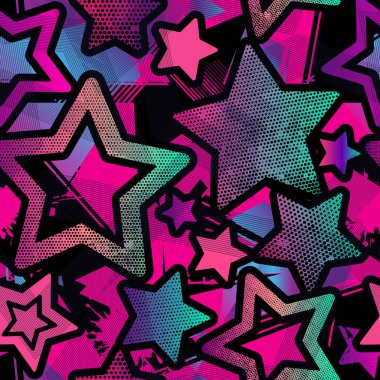 Yıldızlı soyut, dikişsiz grunge deseni. Parlak eğim arkaplanı. Tekstil ve kıyafetler için tekrarlanan kızlar. Asıl duvar kâğıdı