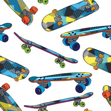 Kaykay deseni. Kusursuz, parlak, soyut, kaykay desenli. Tişört, tekstil, kıyafet, spor ve daha fazlası için baskılar