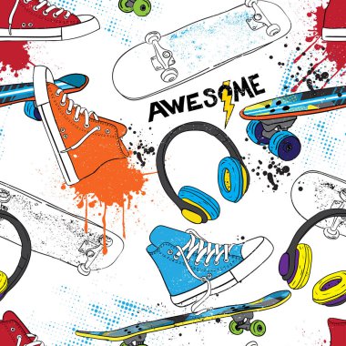 Kaykaylı, spor ayakkabılı, radyo kayıt cihazlı, kulaklıklı, mesajlı, duvar yazısı tarzında harika çizimler. Erkekler için. Tekstil, spor giysileri, grafik tişörtler ve daha fazlası için.