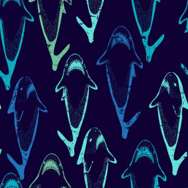 Köpek balıklarıyla soyut, kusursuz desenler. Grunge kızlar ve erkekler için modern arka plan, baskılar, tişörtler, tekstil, kumaş, ağ. Kentsel koyu duvar kağıdı.