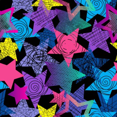 Yıldızlı soyut, dikişsiz grunge deseni. Parlak eğim arkaplanı. Tekstil ve kıyafetler için tekrarlanan kızlar. Asıl duvar kâğıdı