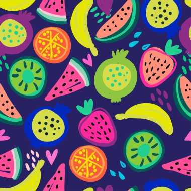 Kusursuz, parlak, meyveli tropikal desen. Tişörtler, tekstil, kağıt ürünleri ve internet üzerindeki baskılar için..