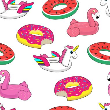 Pembe flamingolu kusursuz desen, donutlar, tek boynuzlu atlar ve renkli tek boynuzlu at şişirilebilir. Havuz kenarında. Yüzme çemberi. Kızlar için desen. Tekstil, baskılar, kağıt ürünleri, internet için.